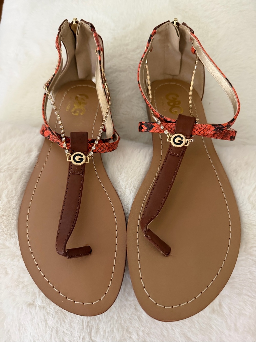 GBG Los Angeles Brown Sandals with Red Snake-Print Straps and Gold G Accent